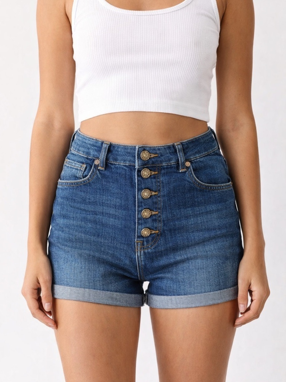 Zara Trafuluc Dark Blue High-Rise Button-Front Denim Shorts